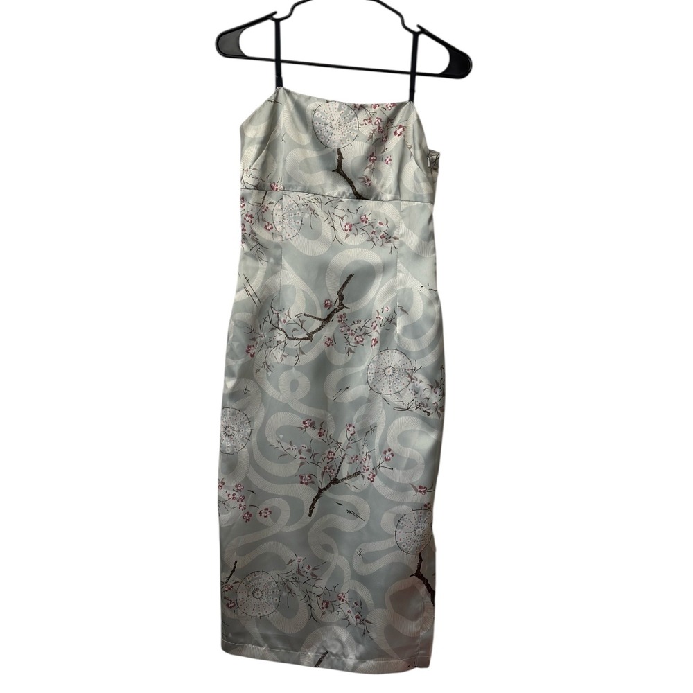 Dollhouse Women's M Light Blue‎ Cherry Blossom Snake Print Slip Dress Midi Satin